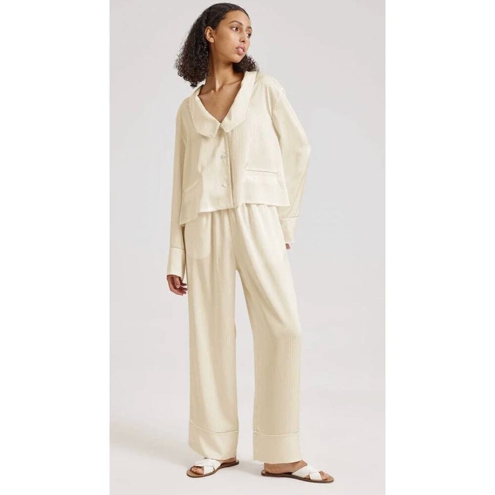 NAP Loungewear The Lazy Cat Pajama Set Ecru White Yellow Wide Leg Medium